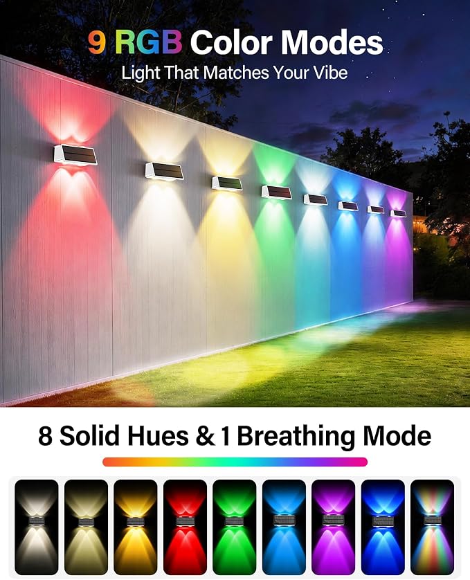 Solar Fence Lights Outdoor, 2 Pack Fence Solar Lights Waterproof | IP65 Fence Lights Solar Powered Up & Down LED Focus, 9 Color Modes, 12H Dusk to Dawn Glow for Pool/Patio/Backyard - White