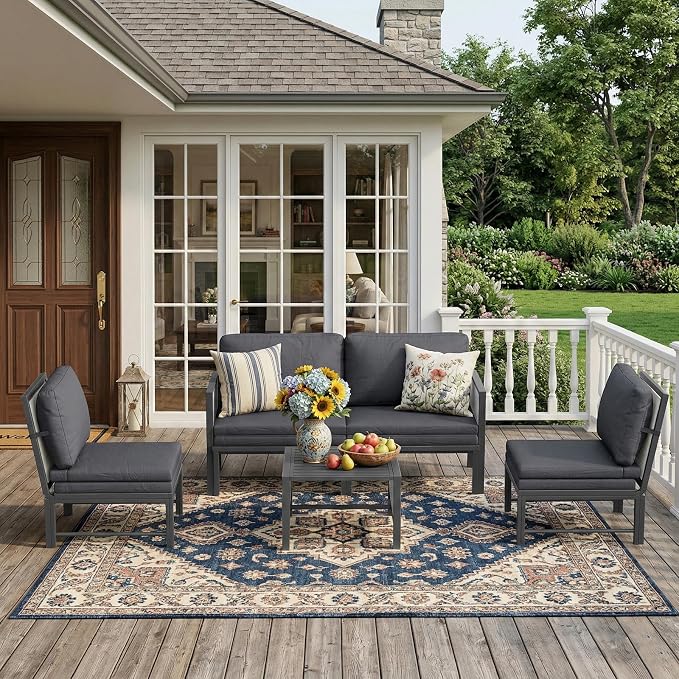 AECOJOY Aluminum Patio Furniture Set 8 Seats Outdoor Sectional Couch with Coffee Central Table Patio Conversation Sets for Porch Deck (Dark Grey, 8PCS, 8 Seat)