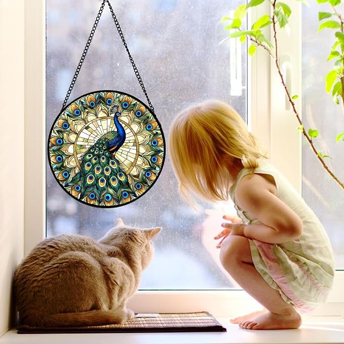 DASTOLL Stained Glass Window Hanging - Retro Peacock Decoration Suncatcher for Door Garden Home Bird Feather Sun Catchers Christmas Mother's Day Birthday Gifts for Women Men Mom Nana Friend 7.8 in