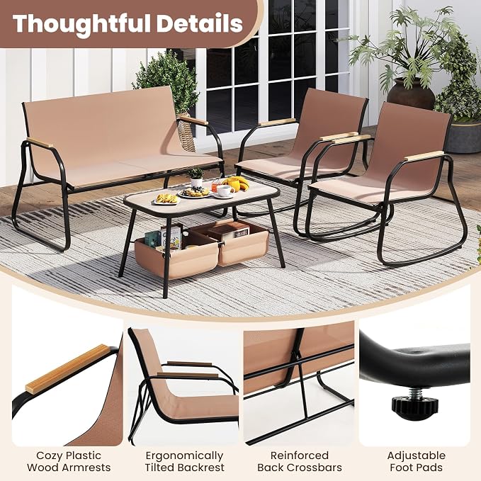 HAPPYGRILL Outdoor Conversation Set with Bistro Rocking Chairs, Loveseat, Storage Coffee Table, Patio Furniture Set with Heavy-Duty Metal Frame, Breathable Mesh Fabric (2)