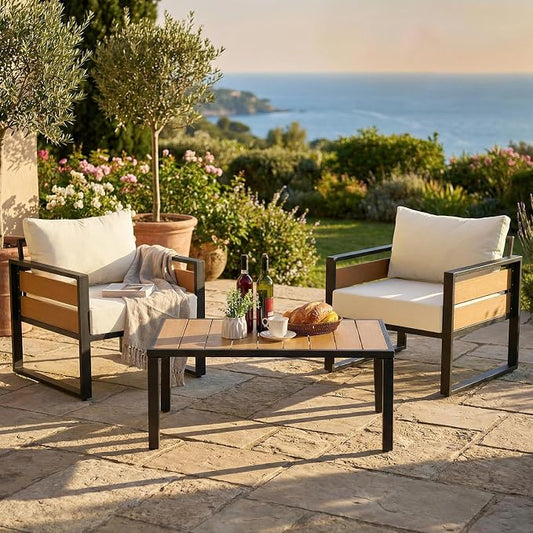Furnimart Patio Furniture Set, 3-Piece Metal Outdoor Sectional, 2-Seat Patio Conversation Set with Deep Seating, Thick Cushions & Coffee Table for Backyard, Porch & Deck, Beige