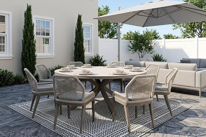 PURPLE LEAF 9 Pieces Round Dining Set Patio Aluminum Modern Round Table and Wicker Chairs with Cushions for Kitchen Backyard Garden Outdoor Furniture Sets, Light Grey