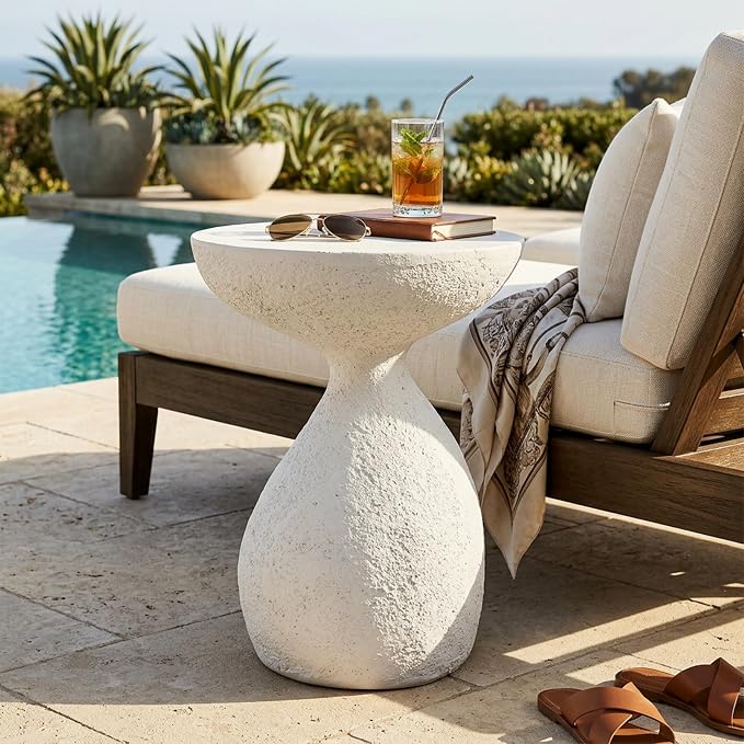 Outdoor Side Table, Modern Organic MGO Accent End Table for Patio, Living Room, White Textured Stone-Look