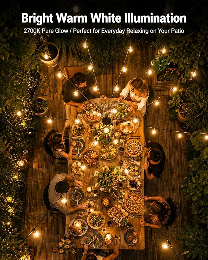 27FT RGBW Outdoor String Lights 24V Dimmable Patio | IP65 Waterproof, 200+ Dynamic Modes, Music Sync, App & Remote Control, Zip Ties Included, Weatherproof -4°F to 158°F