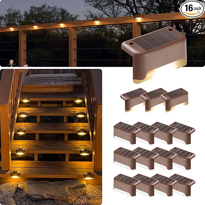 GIGALUMI Led Solar Deck Lights, 16 Pack，Waterproof, Warm White | LED Solar Deck Lights for Outdoor Stairs, Step, Fence, Railing, Yard and Patio