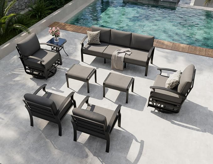 Aluminum Outdoor Patio Furniture Set,7 Seats Patio Conversation Sets with 2 Ottomans,Metal Patio Sectional Furniture Set with 2 Swivel Rocking Chairs,Grey