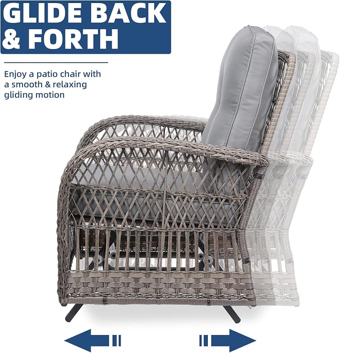 3-Piece Patio Wicker Conversation Bistro Set, All-Weather Gliding Rocking Chairs with Thickened Cushions and Glass Top Table, Outdoor Rattan Furniture Sets for Porch Garden, Gray