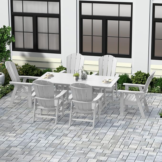 WestinTrends Malibu 7 Piece Adirondack Outdoor Dining Set, All Weather Poly Lumber Patio Table and Chairs Furniture Set, 71" Trestle Dining Table and 6 Adirondack Dining Chair, White