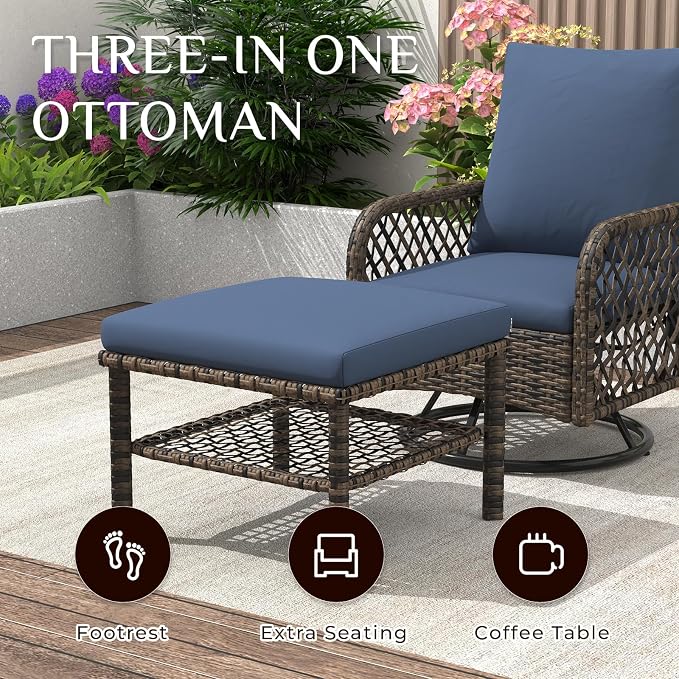 AECOJOY Patio Furniture Set Outdoor Sectional Sofa Couch and High Back Swivel Rocker Patio Chairs 6PCS Brown Wicker Conversation Set (6PCS- Whole Set, Dark Blue)