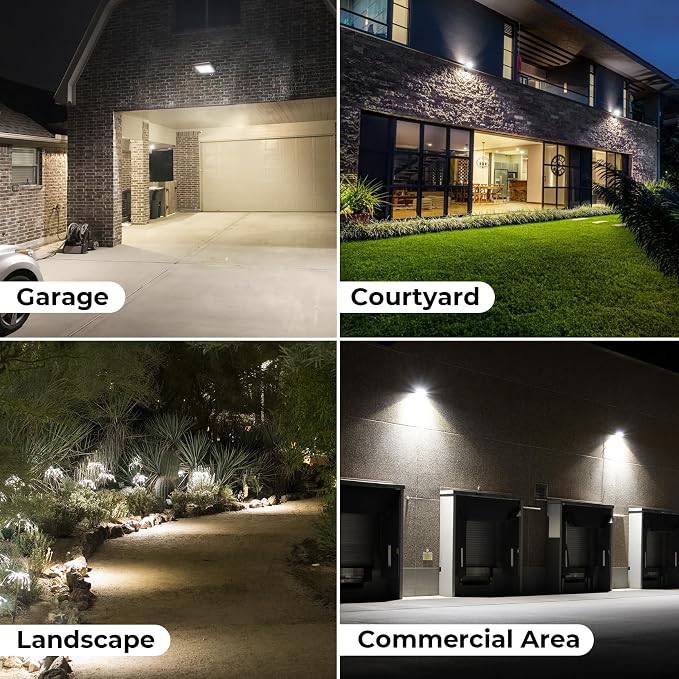 CINOTON 65W LED Flood Lights Outdoor, IP65 Waterproof Exterior Security Wall Lights with 180°Knuckle, 9100LM 120V Outside Aluminum Lighting Fixture for Patio Porch Barn Garden 5000K 4 Pack, UL Listed