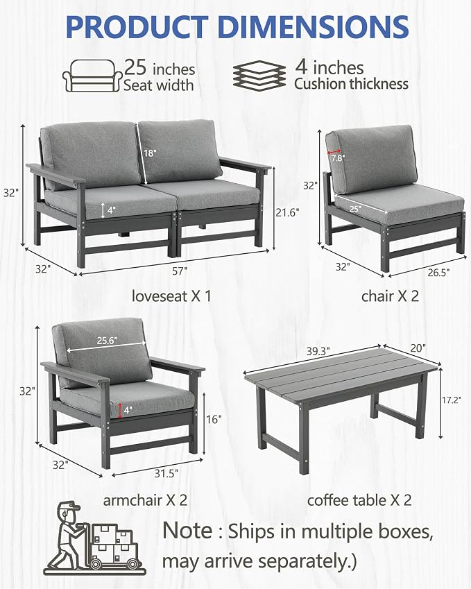 HDPE Outdoor Patio Furniture Set, 8-Piece Sofa Set with 4-Seat Couch, 2 Armchairs & 2 Coffee Tables, Weatherproof Conversation Set with Cushions, All-Weather Waterproof, for Garden, Porch & Backyard