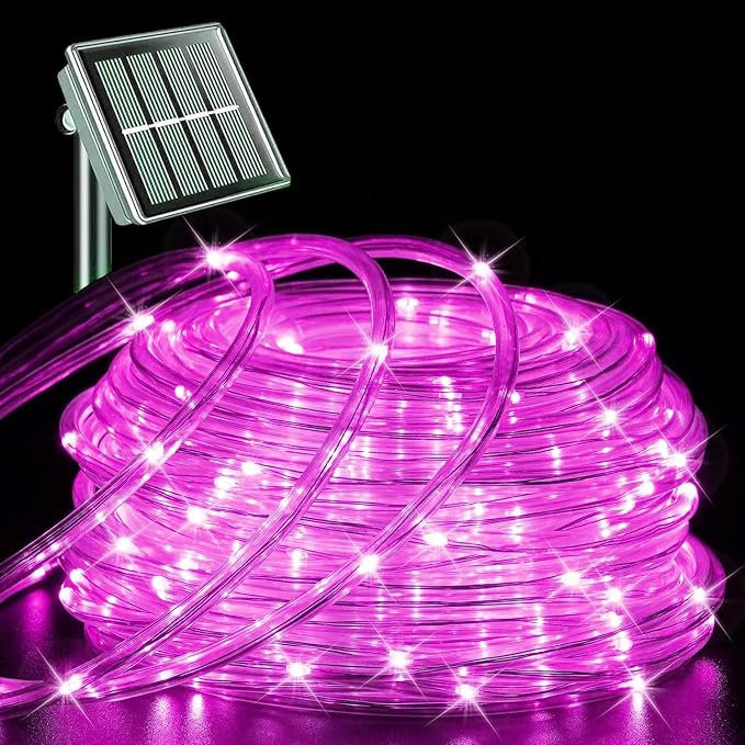 QITONG Pink Solar Rope Lights Outdoor, 66ft 200 LED String Light, 8 Modes Fairy Lights in Clear Thin Tube with 8 Modes