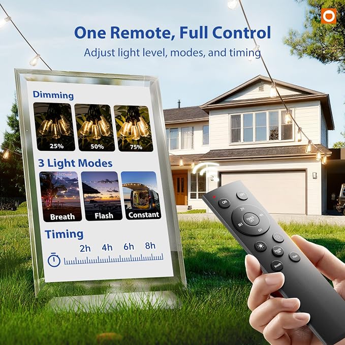 addlon 100FT Outdoor String Lights ST38 LED with Remote Waterproof Dimmable | Shatterproof Replaceable Bulbs, Connectable Hanging Strand for Porch Backyard Patio Garden Deck Outside, Timer,3 Modes