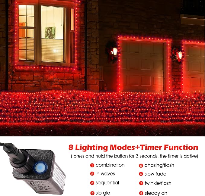 BlcTec Outdoor Christmas Lights 360 LED 9.8ft x 6.6ft Christmas Net Lights with 8 Modes, UL Certified, Timer, Connectable, Waterproof for Trees, Bushes, Shrubs, Yard Outdoor Xmas Decorations, Red