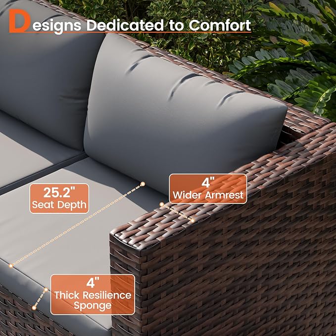 Patio Furniture Set, 7-Piece Outdoor Sectional Rattan Sofa Set with Coffee Table (Grey Cushions with Brown Rattan)