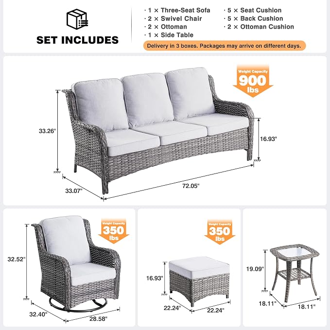 ovios 6-Pieces Patio Furniture Set, Outdoor Wicker Sofa Couch with Swivel Glider Chairs Comfy Cushions, High Back Modern Conversation Set, Grey Rattan, Grey