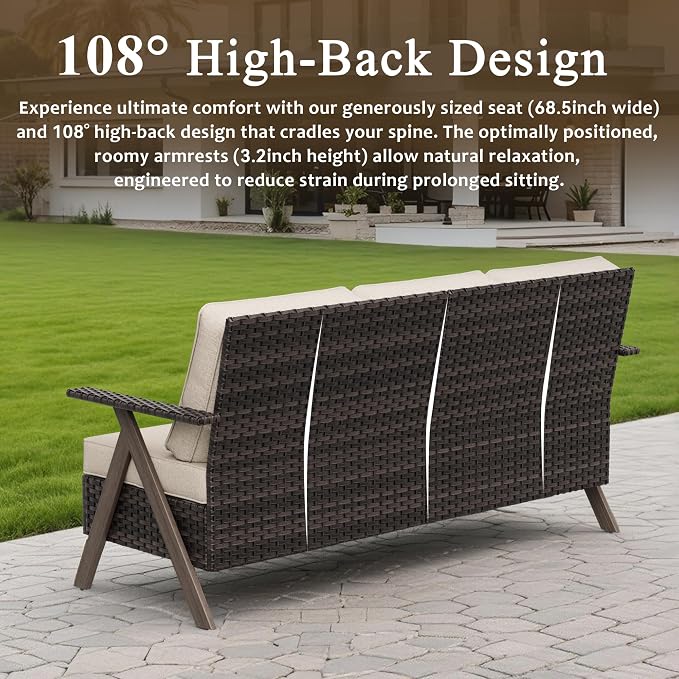 Wicker Outdoor Couch, Patio Furniture Sofa, 3-Seat All Weather Metal Patio Couch with Thick and Soft Cushion, Outdoor Sofa for Balcony, Porch