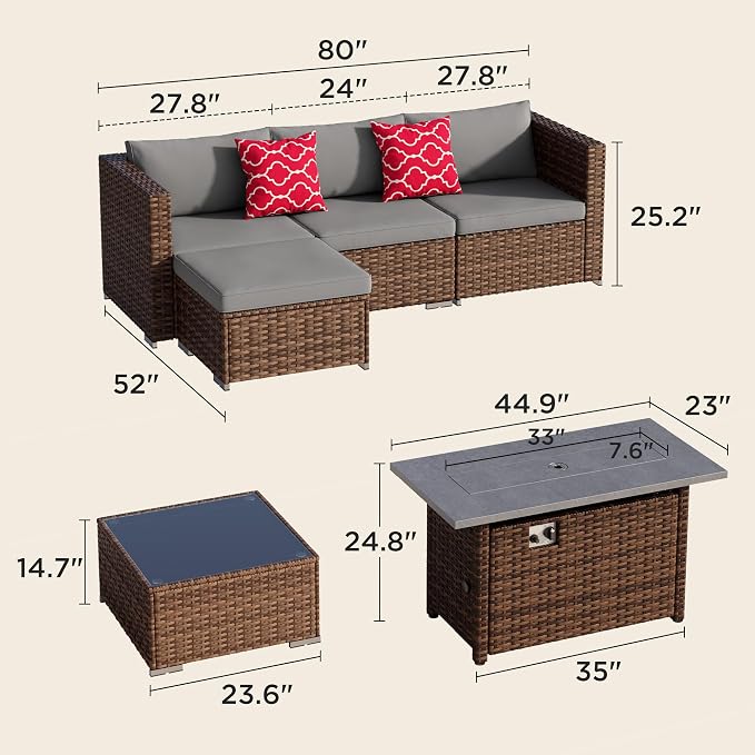 Aiho 6 Piece Outdoor Patio Furniture Set with 45'' Fire Pit Table, Wicker Outdoor Conversation Set Sectional Sofa with Coffee Table for Backyard, Poolside, Garden, Grey