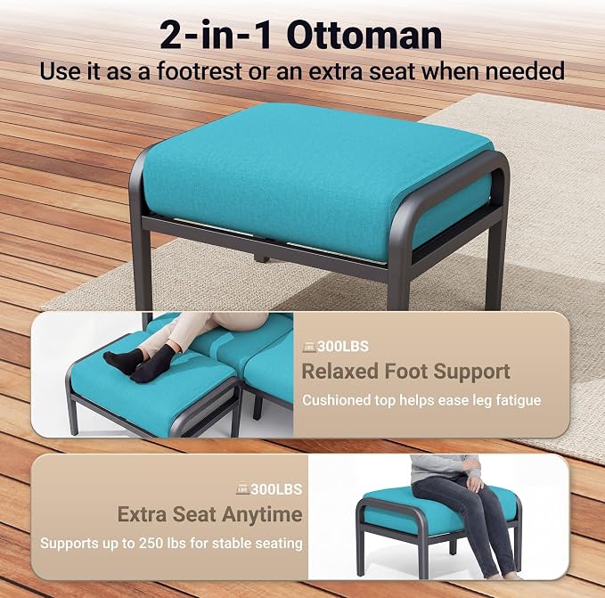 Aluminum Patio Chairs with Ottomans, 4-Piece Outdoor Patio Furniture Set, Modern Lounge Armchairs with Footrests, Wood-Like Armrests & 5.1" Thick Cushions for Porch, Poolside, Blue