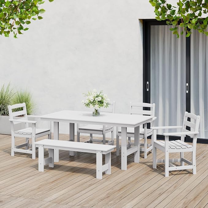 WestinTrends Ashore 6-Piece Outdoor HDPE Patio Dining Table Set with Bench, White