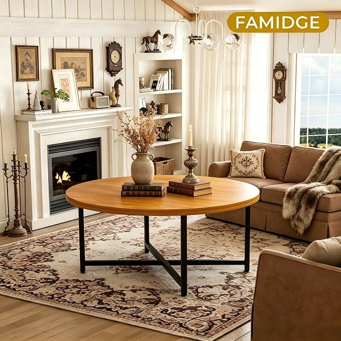 FAMIDGE Coffee Table, 31.5" Large Round Coffee Table for Living Room, Center Tables for Family & Office Use, Outdoor Coffee Table Round, Oak Brown(31.5" D x 17.7" H)