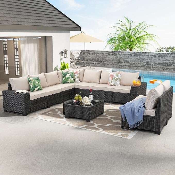 JOYURE 10 Pieces Patio Furniture Set All-Weather Outdoor Wicker Sectional Conversation Sofa Rattan Patio Seating Sofa with Cushion and Glass Table for Porch Poolside,Beige
