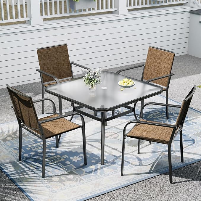 Outdoor Patio Set, 37" Square Glass Dining Table and 4pcs Stackable Chairs, All-Weather Patio Furniture Set with 1.7" Umbrella Hole for Garden Backyard Lawn Poolside