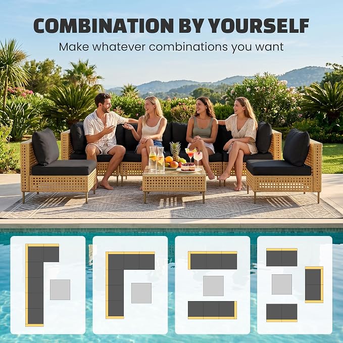 LHBcraft 7-Piece Wicker Outdoor Patio Furniture Set, Outdoor Sectional Furniture, Patio Sofa Sectional Conversation Sets, Handmade Rattan, Water-Resistant Fluffy Cushions and Coffee Table, Black