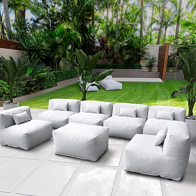 ANNYH CALALUNA 7Pc Patio Garden Furniture Sectional Conversation Set. Combines 6 Middle Chairs, 1 Ottoman/Coffee Table Outdoor Exp Foam Filled Chairs A Unique Modular Contemporary Sofa (Cloud Gray)