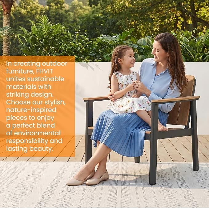 2 Pieces Aluminum Patio Furniture Armchair, All-Weather Outdoor Armchair Aluminum Frame HDPS Faux Wood, Patio Sofa Couch Set of 2 for Porch, Balcony, Deck, Yard Nature Wood
