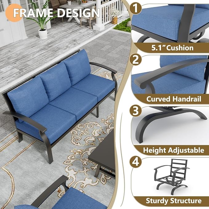 Metal Patio Furniture Set,4 Pieces 5 Seats Patio Sectional Outdoor Furniture Set with Rectangular Coffee Table,Patio Conversation Sets with 5.1" Thickened Cushions,Navy BlueNavy Blue