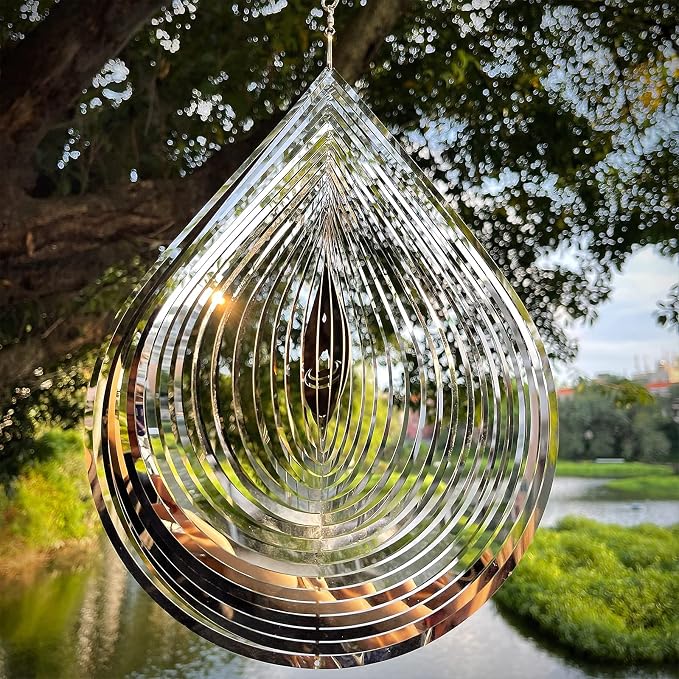 Wind Spinner 3D Water Droplets Shape Highly Reflective Stainless Steel Metal Outdoor Garden Decor, Decorations to Scare Away Yard Birds 12 inch, Birthday Gifts for Mom,Mother's Day,Aunt Gifts