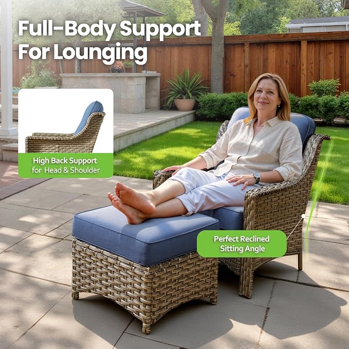 2 Piece Patio Furniture Set, Outdoor Wicker Chairs Set of 2 with Thick Cushion, Heavy Duty High Back Comfortable Chair for Small Balcony Porch Garden, Sapphire Blue