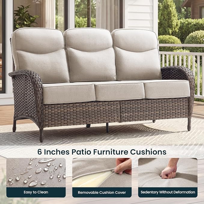 Luxury 6-Inch Cushion Patio Furniture Set, High Back Outdoor Swivel Rocker Patio Chairs with Outdoor Couch, Outdoor Wicker Conversation for Deck Porch Garden Balcony Poolside Beige Cushion