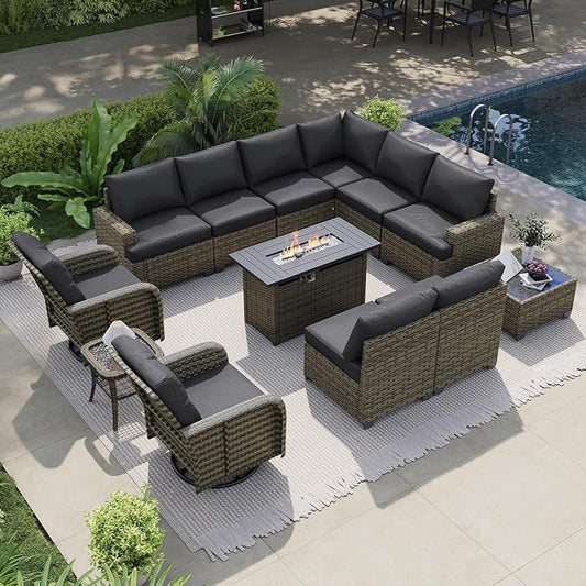 LazySunsets Luxury Patio Furniture Set with Fire Pit Table，All-Weather Patio Sectional Sofas with Thickened Cushions, 13 Piece Outdoor Furniture Sectional Set with Swivel Rocker Chairs of 2，Black