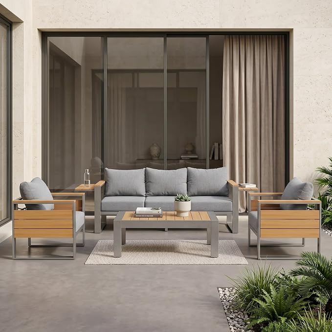 Sundale Outdoor Aluminum Patio Furniture Set, 4 Piece Metal Patio Conversation Sets with 5" Thick Cushions, Shimmer Coated Outdoor Couch with 2 Extendable Side Tables for Yard, Deck (Grey)