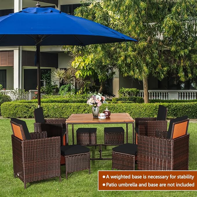 RELAX4LIFE 9-Piece Outdoor Dining Set - Wicker Rattan Patio Furniture w/Acacia Wood Tabletop, Soft Seat & Back Cushions, Dining Table & Chair Set for Backyard, Poolside (Black)