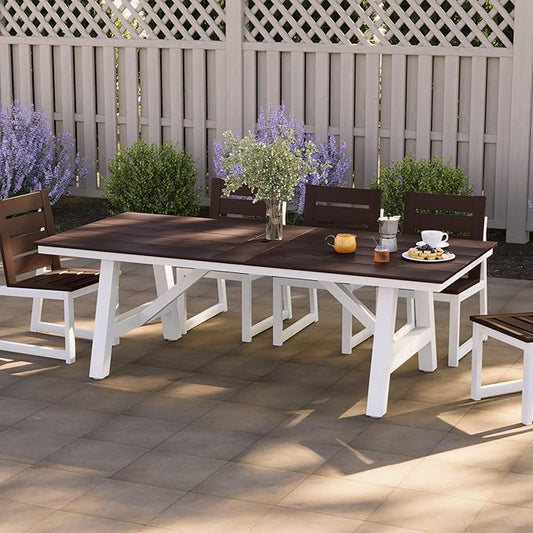 Costaelm Rectangle Patio Table, 8-Person Backyard Table 90" HDPE Dining Table with Umbrella Hole and Metal Frame for Outside, Garden, Poolside, Deck, Porch, Balcony, Dark Brown