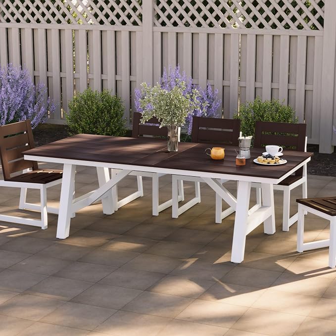 WestinTrends Cape May 90" HDPE Rectangle Outdoor Patio Dining Table with Umbrella Hole and Metal Frame, Dark Brown