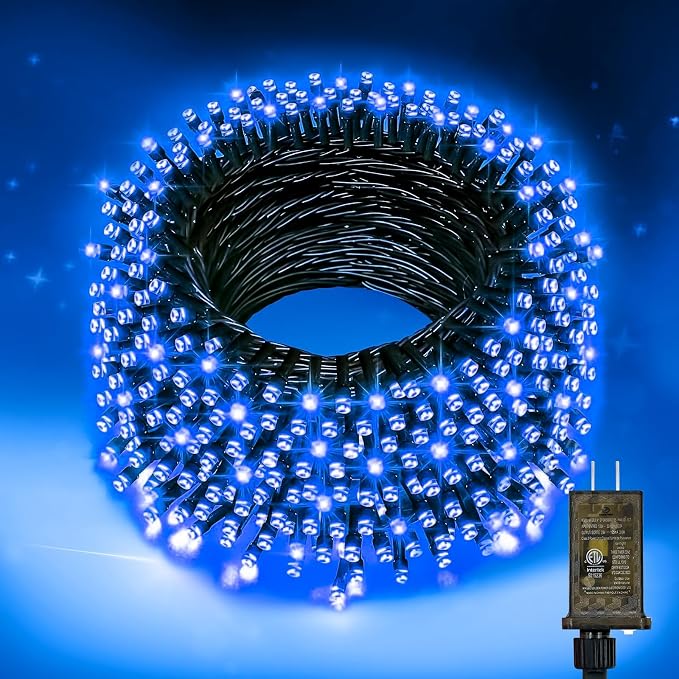 Nisocy 100FT Blue Christmas String Lights, Green Wire LED Mini Lights with 8 Modes and Timer, Plug-in Indoor Outdoor Lights for Trees, Porches, Fences, July 4th, Halloween and Holiday Decor