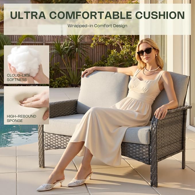 8-Piece Patio Furniture Set, Outdoor Wicker Furniture with Coffee Table, High Back Swivel Rocker Patio Chairs, Modern Rattan Outdoor Chairs Conversation Set for Porch, Balcony, Garden, Grey