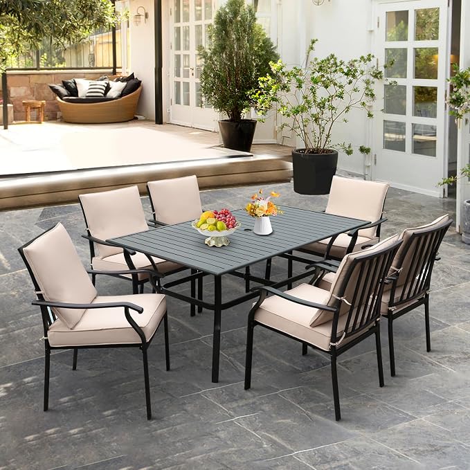 LVUYOYO 7-Piece Outdoor Patio Dining Set, Metal Stackable Chair & Rectangular Table Set, All-Weather Furniture for Backyard, Garden,Balcony,Porch (1 Rectangular+ 6 Dining Chairs)