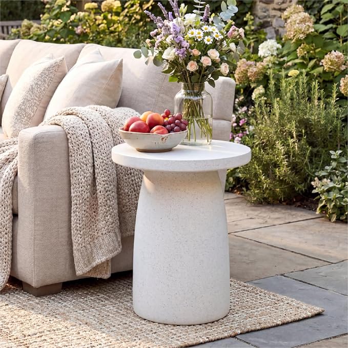 HOMPUS Outdoor Side Table, Concrete Side Table Faux Stone Hourglass Shaped, Patio Round Accent Table, Lightweight MgO Circular Coffee Table Garden Tool for Home Decor, Porch and Deck, Spotted White