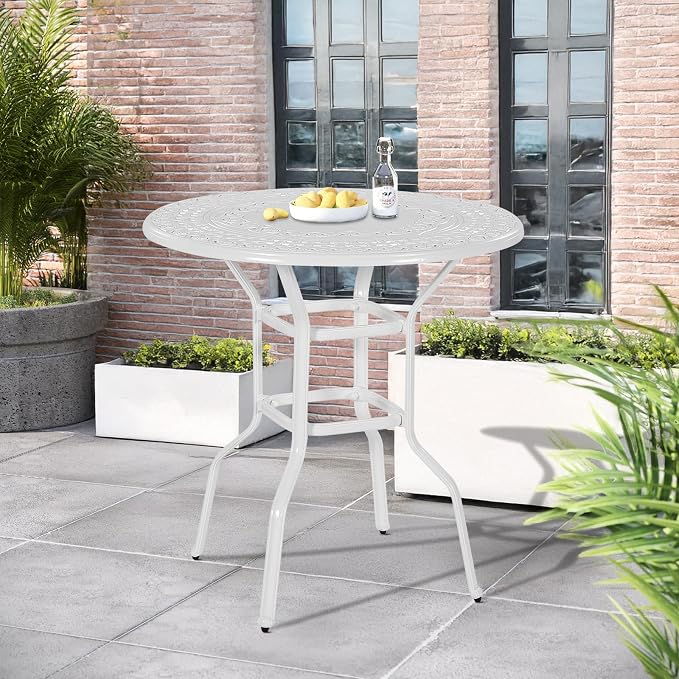 Outdoor Cast Aluminum Bar Table, 38.5" Patio Bar Height Table with 2" Umbrella Hole, All Weather High Top Bistro Round Dining Table for Outside Deck Porch Balcony Poolside, White