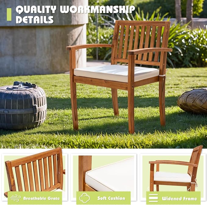 Flamaker 5 Piece Outdoor Dining Set Acacia Wood Patio Table and Chairs with Soft Cushions Patio Furniture for Deck, Backyard, Garden