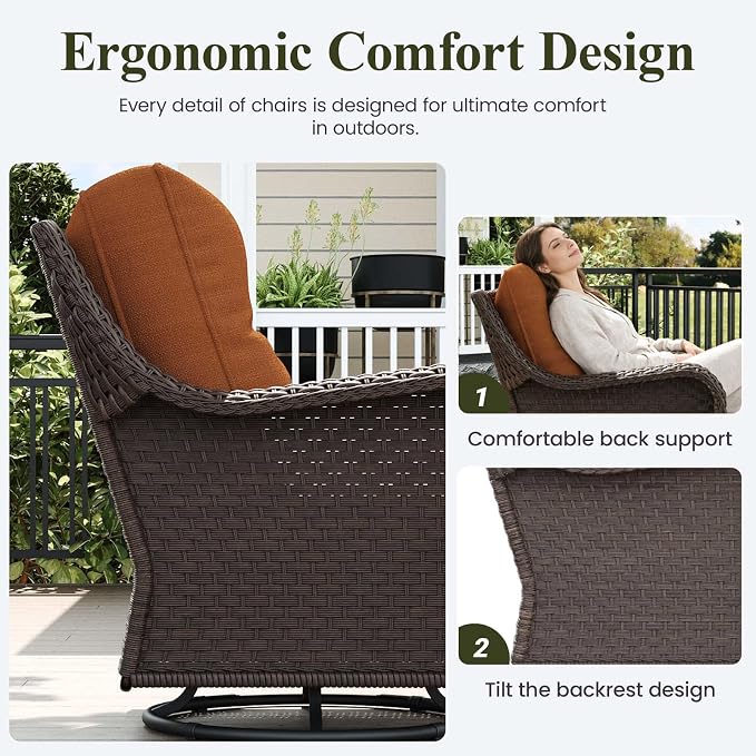 LayinSun 10 Piece Wicker Outdoor Furniture Set with 6-inch Comfy Cushions, High Back Patio Furniture Set with Swivel Rocking Chairs and Fire Pit Table