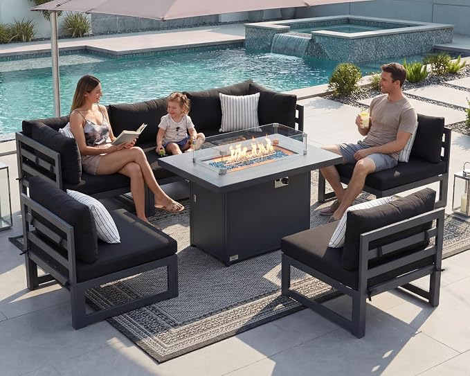 NICESOUL 7 Pcs Aluminum Black Outdoor Sectional with Firepit, All Weather Patio Furniture Set with Deep Seat, Contemporary L-Shaped Modular Large Conversation Set for Garden Poolside, Seats 6, Black