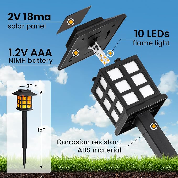 GIGALUMI Solar Lights Outdoor Waterproof 10 Pack, LED Garden Decor | Flickering Flame LED Solar Garden Lights Outdoor Decor, 8 Hours of Landscape Lighting for Garden