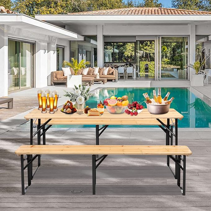VINGLI 6 Foot Folding Picnic Table with Benches, Weather-Resistant Wood Beer Camping Table w/Carrying Handles, for Family Garden Patio Outdoor Activities Use, at Home and Commercial