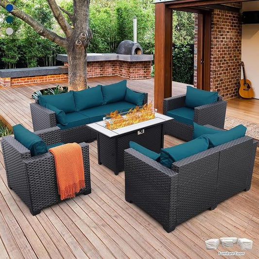5-Piece Outdoor Patio Furniture Set with 45-Inch Steel 60000 BTU Propane Fire Pit Table, Patio Couch, Chairs, Non-Slip Cushions, Waterproof Covers for Backyard, Garden, and Outdoor Lounge Areas(Green)